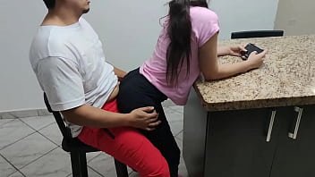 Puny stepdaughter sits on stepfather's lap in ultra-kinky posture