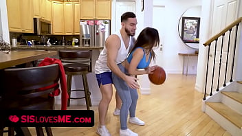 Mind-blowing dark-haired with a bodacious Latina body invites stepbro to assist in a basketball game